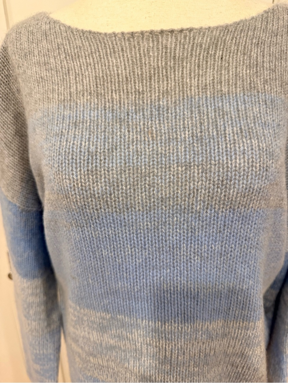 Skull Cashmere Crewneck Sweater in Light Blue, Gray & Cream with Graphic - Picture 3 of 15